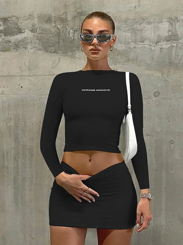 Letter Print Long Sleeve Slim Short Skirt Two Piece Set - Image 3
