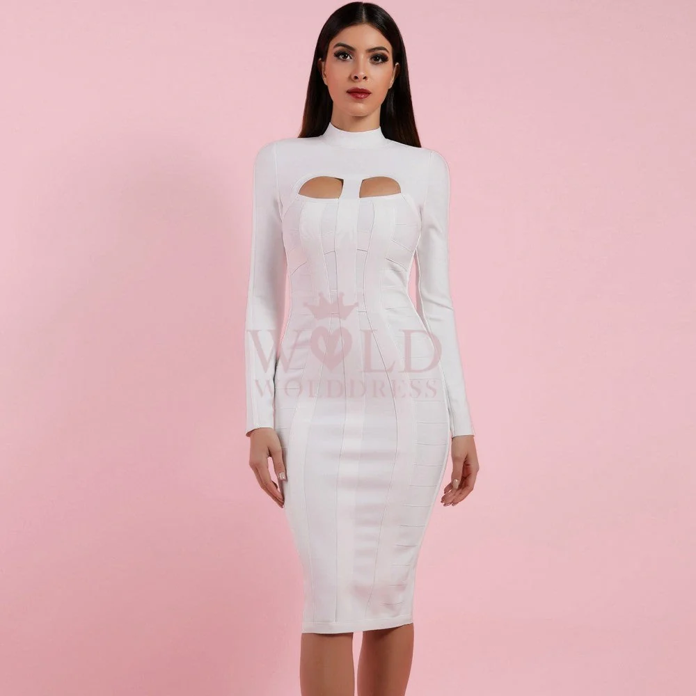 High Neck Long Sleeve Cut Out Over Knee Bandage Dress PP1103 - Image 23