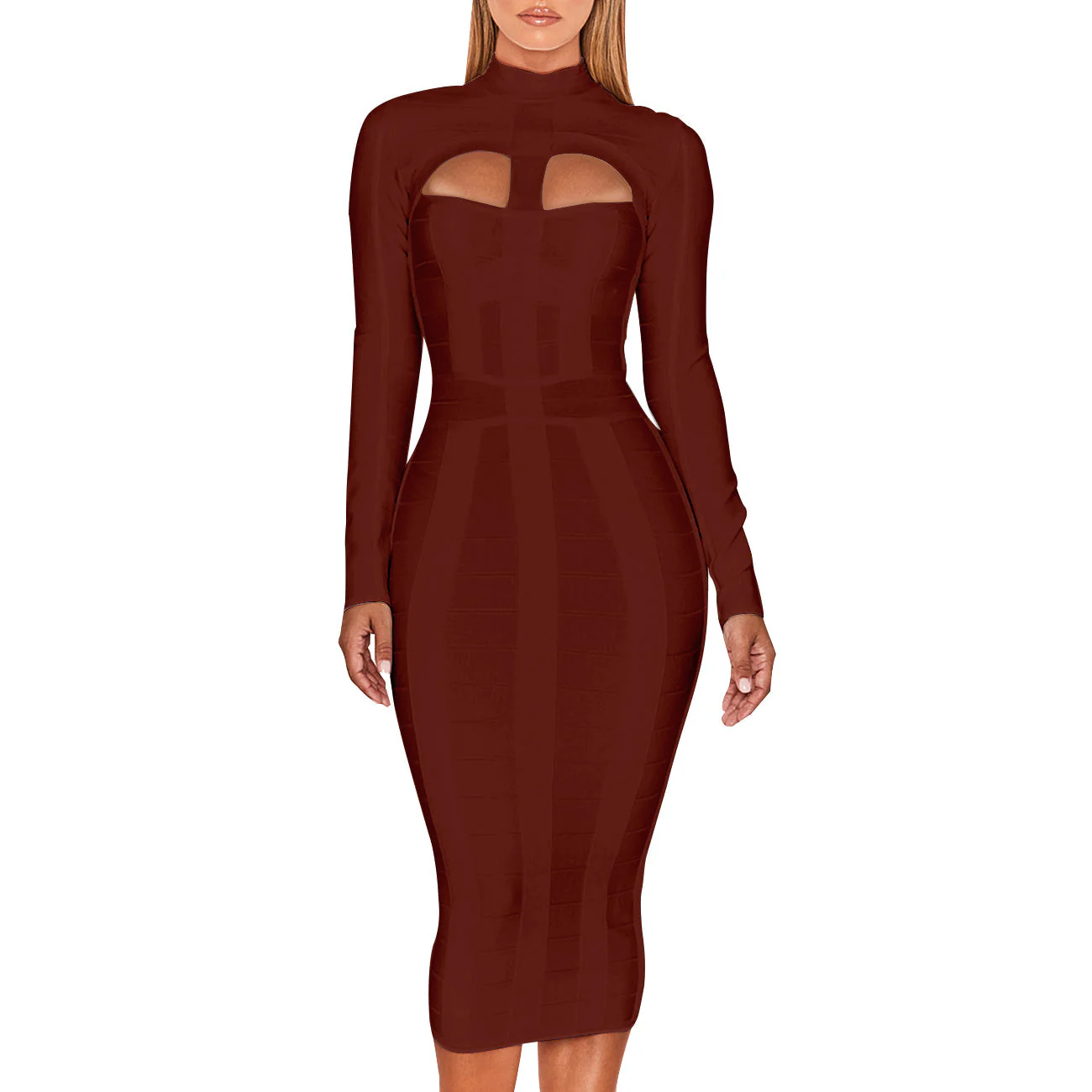 High Neck Long Sleeve Cut Out Over Knee Bandage Dress PP1103 - Image 31