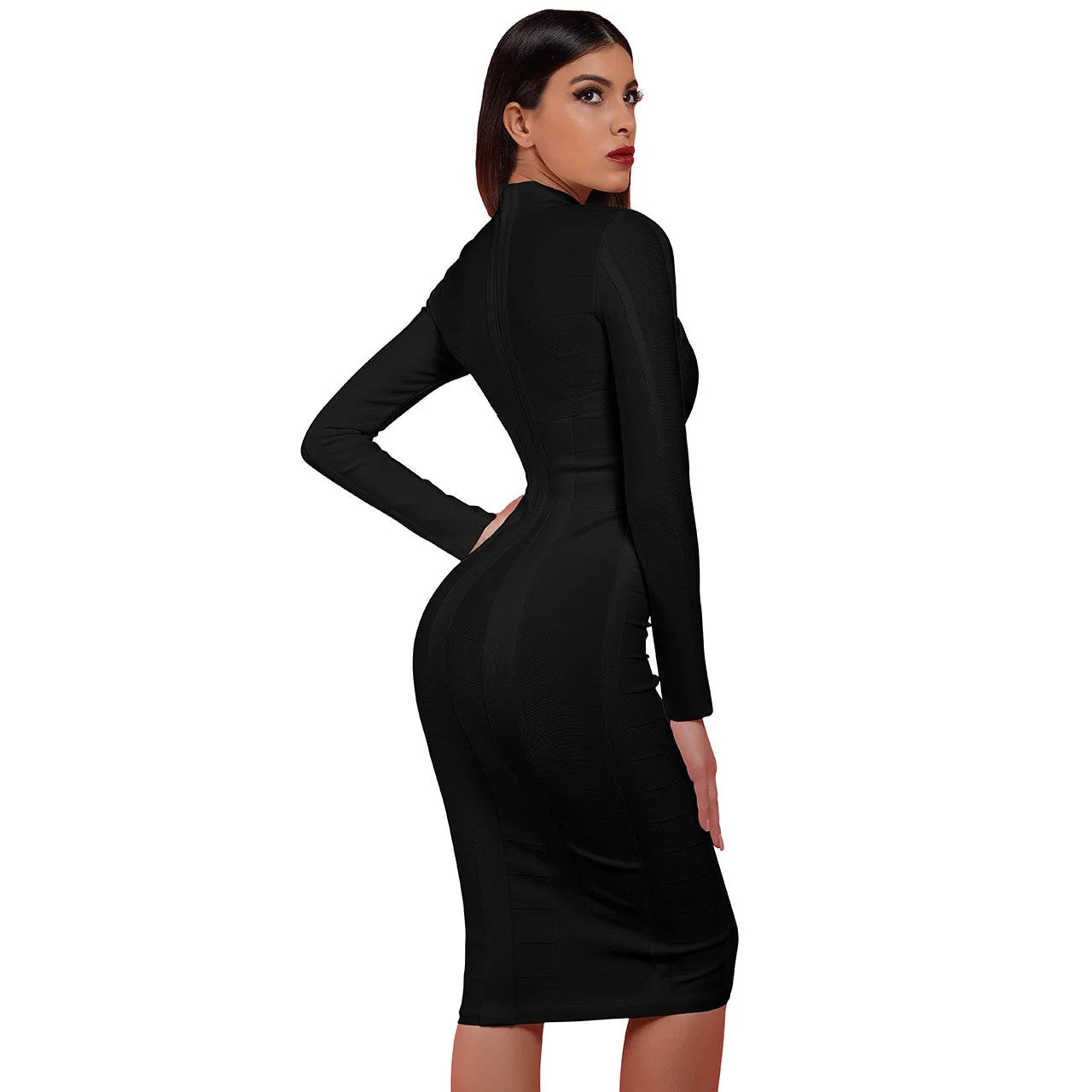 High Neck Long Sleeve Cut Out Over Knee Bandage Dress PP1103 - Image 8
