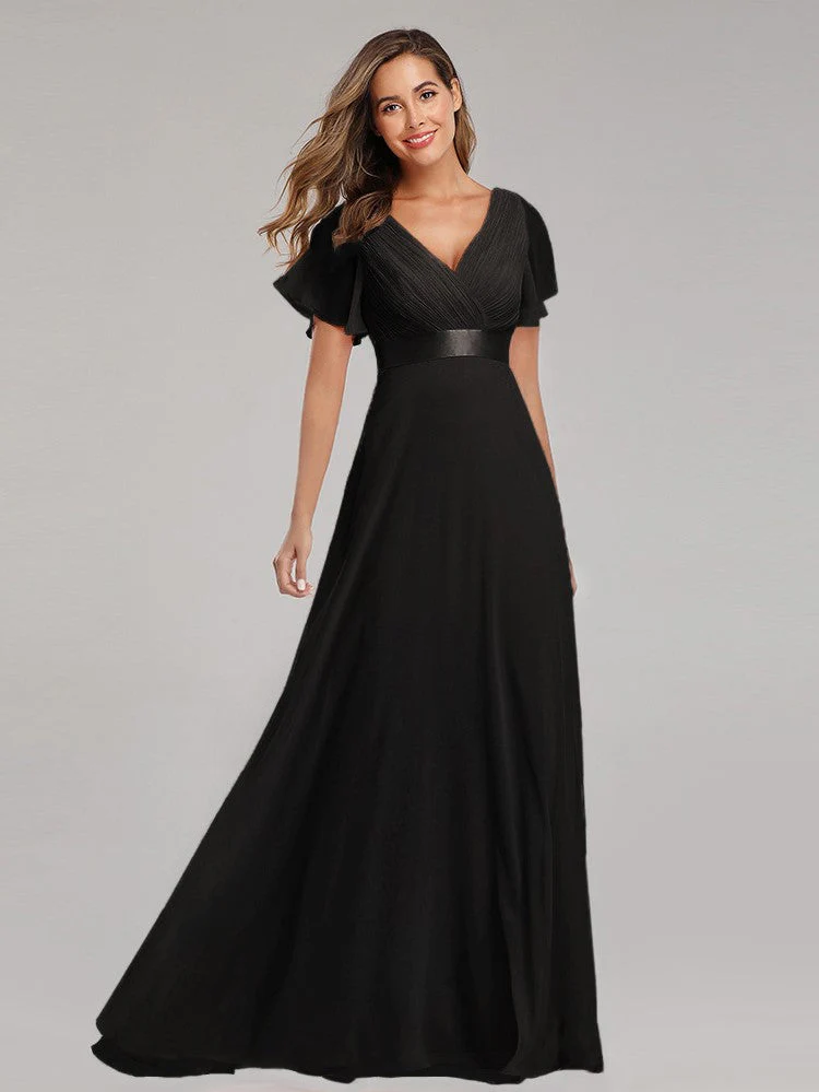 Big Swing V Neck Flared Sleeve Chiffon Party Bridesmaid Evening Dress - Image 11