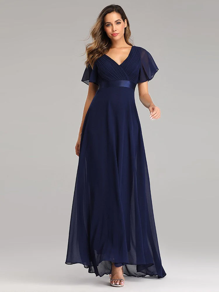 Big Swing V Neck Flared Sleeve Chiffon Party Bridesmaid Evening Dress - Image 2
