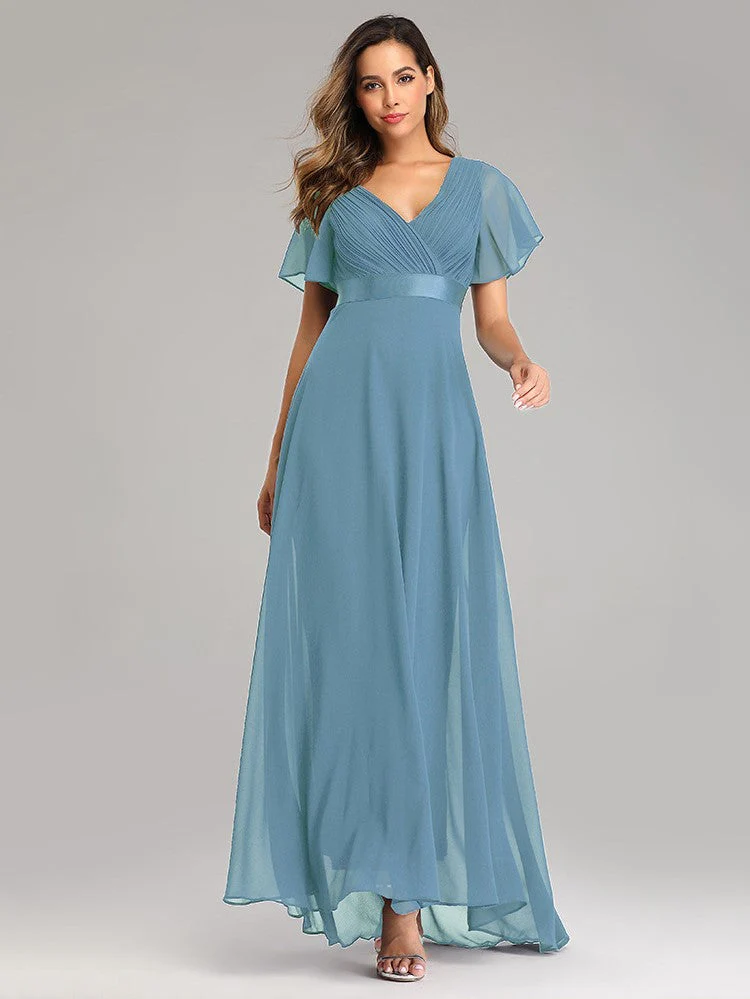 Big Swing V Neck Flared Sleeve Chiffon Party Bridesmaid Evening Dress - Image 3