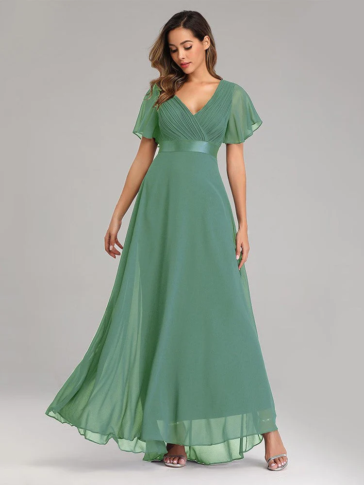 Big Swing V Neck Flared Sleeve Chiffon Party Bridesmaid Evening Dress - Image 4