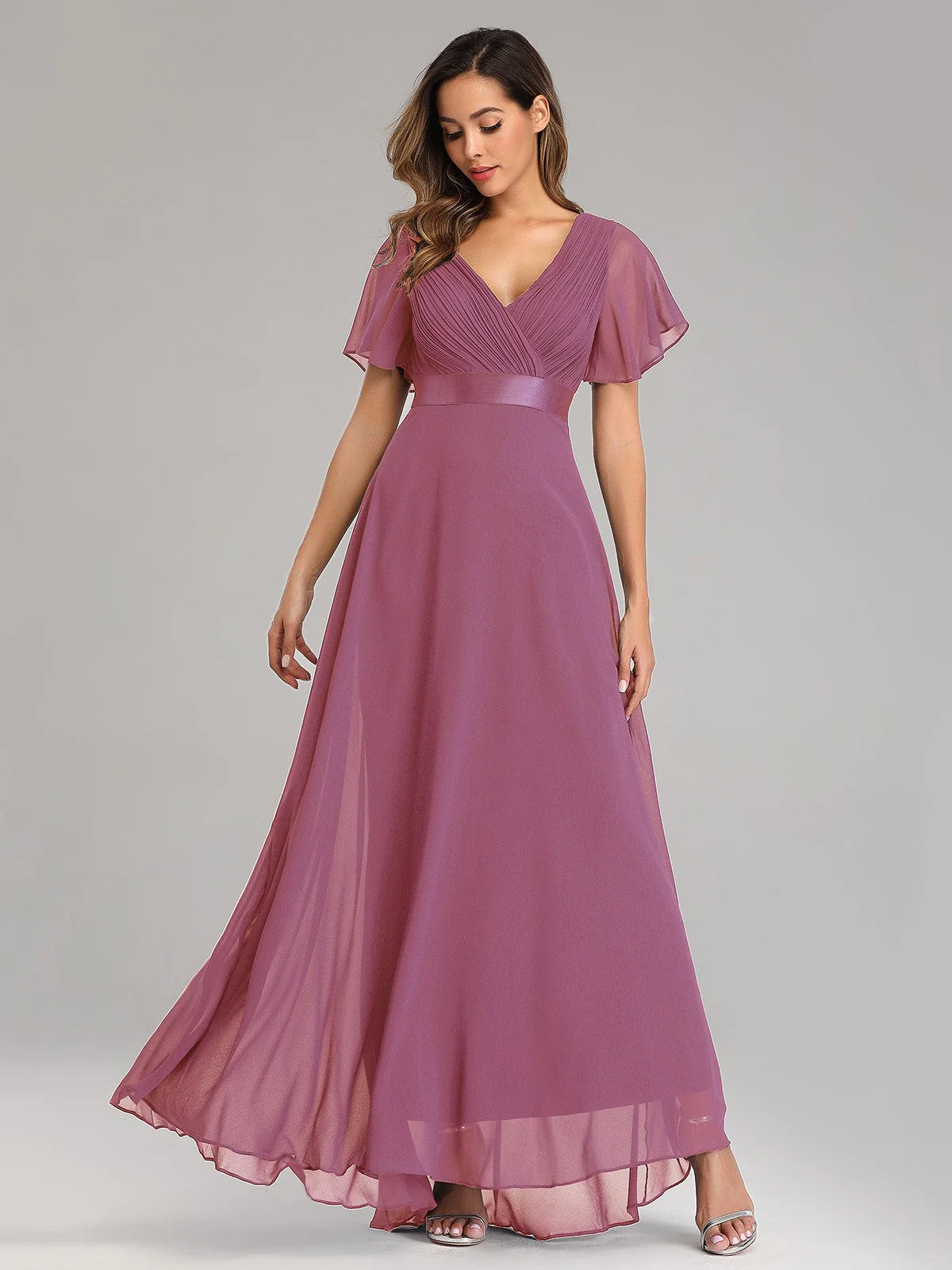 Big Swing V Neck Flared Sleeve Chiffon Party Bridesmaid Evening Dress - Image 5