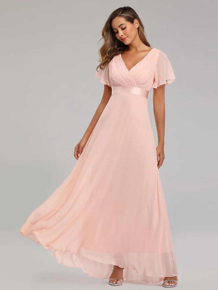 Big Swing V Neck Flared Sleeve Chiffon Party Bridesmaid Evening Dress - Image 6
