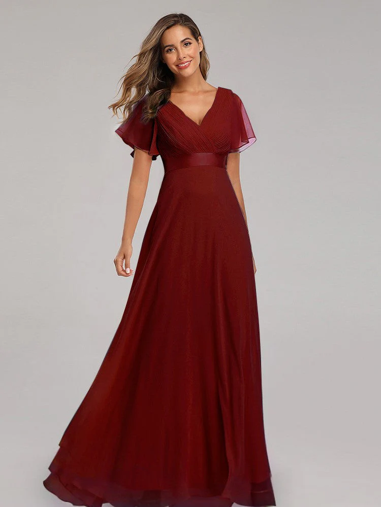 Big Swing V Neck Flared Sleeve Chiffon Party Bridesmaid Evening Dress - Image 7