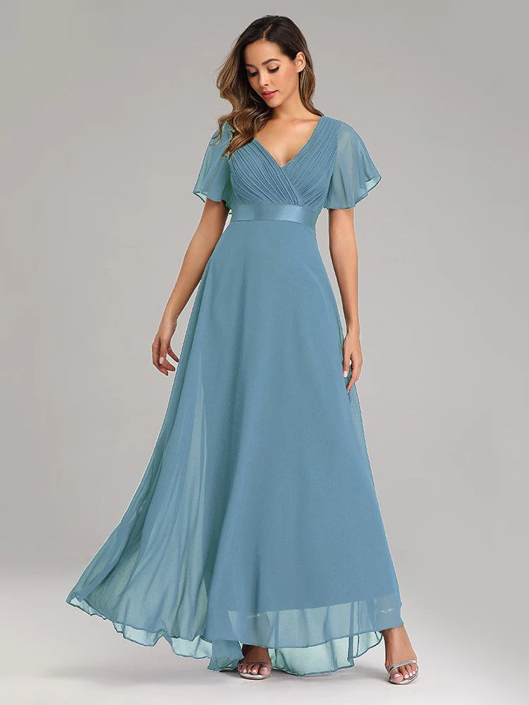 Big Swing V Neck Flared Sleeve Chiffon Party Bridesmaid Evening Dress - Image 8