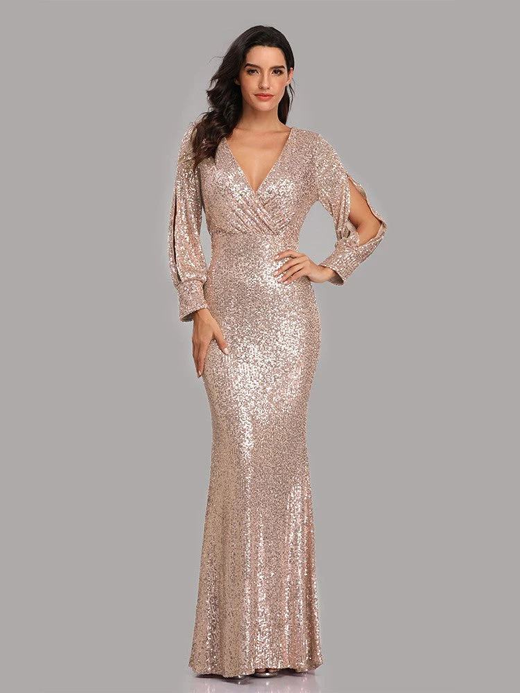 Elegant Long Sleeve Sequined Evening Dress - Image 5