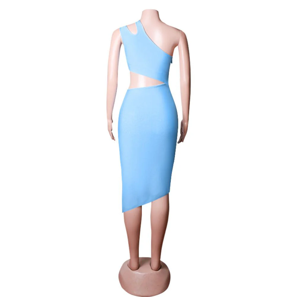 One Shoulder Sleeveless Asymmetrical Midi Bandage Dress PZC1662 - Image 6