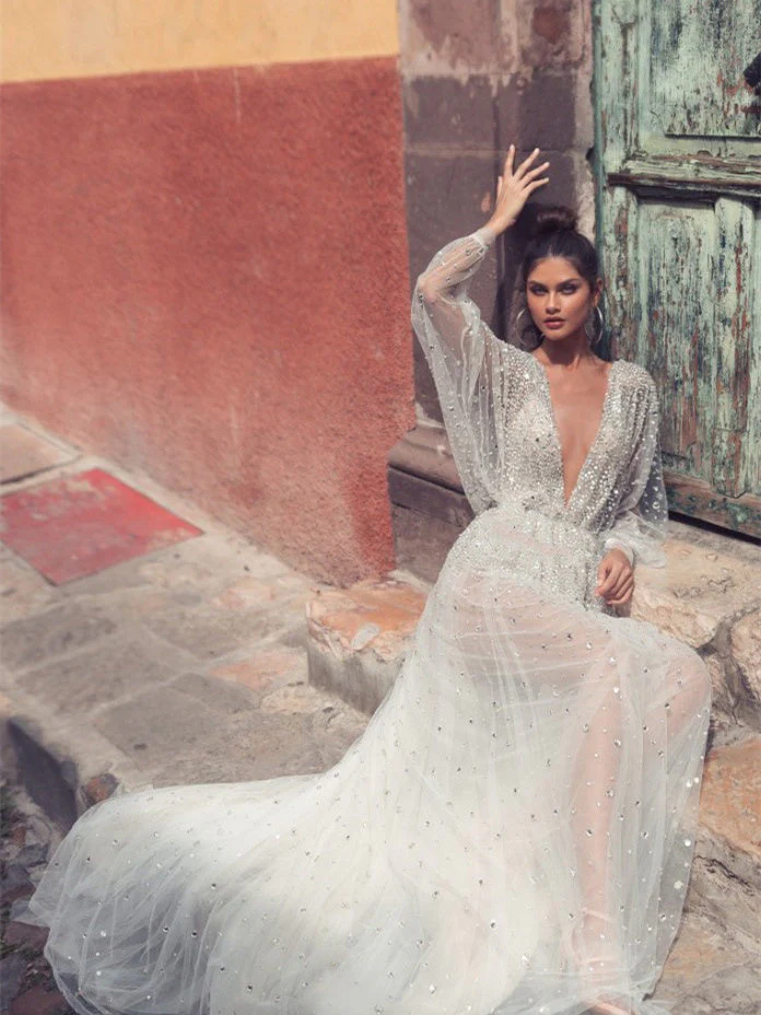 And Charming Deep V Long Sleeve Evening Dress - Image 2