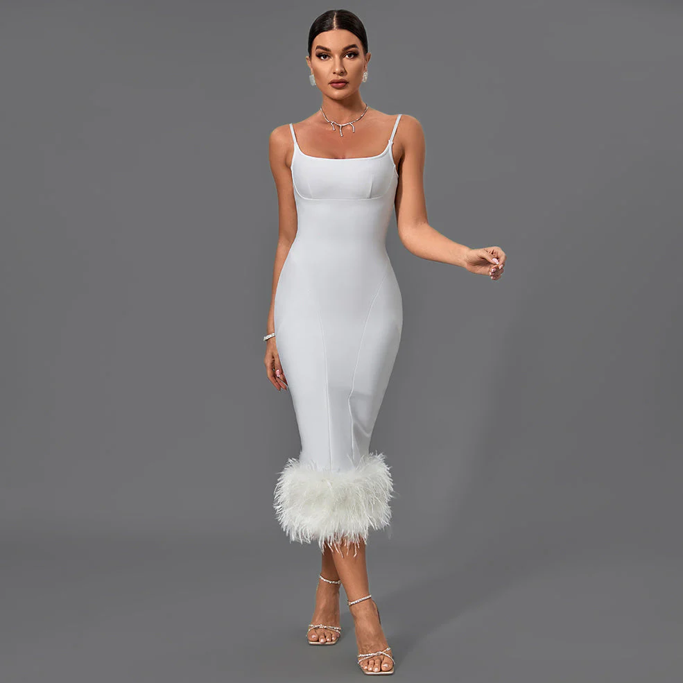 White Strappy Feather Midi Bandage Dress - Image 3