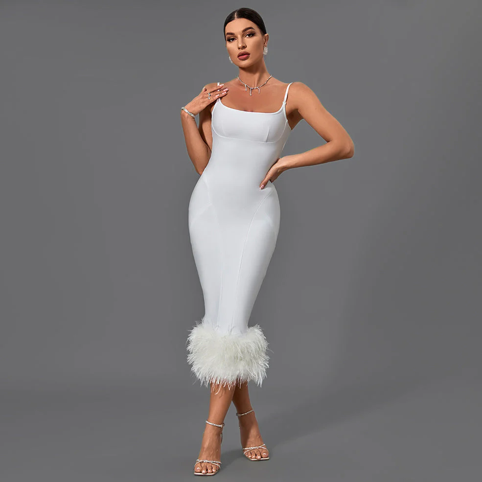 White Strappy Feather Midi Bandage Dress - Image 4