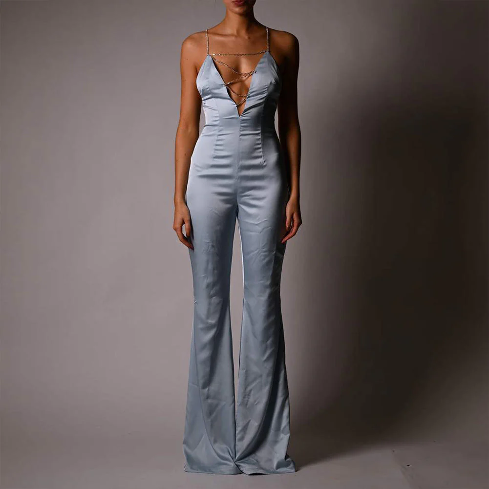 Strappy Sleeveless Drill Chain Bodycon Jumpsuit