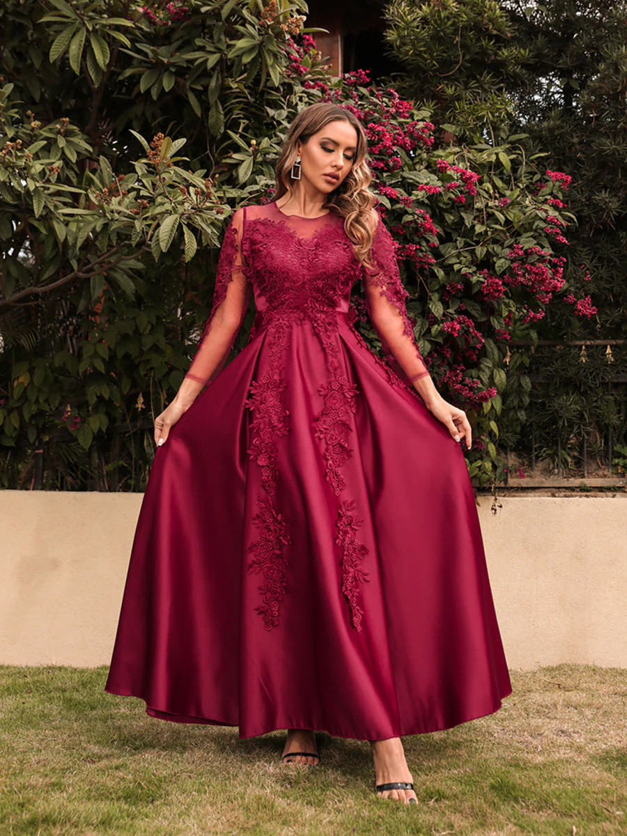 Embroidered Long Sleeve Evening Dress - Image 2