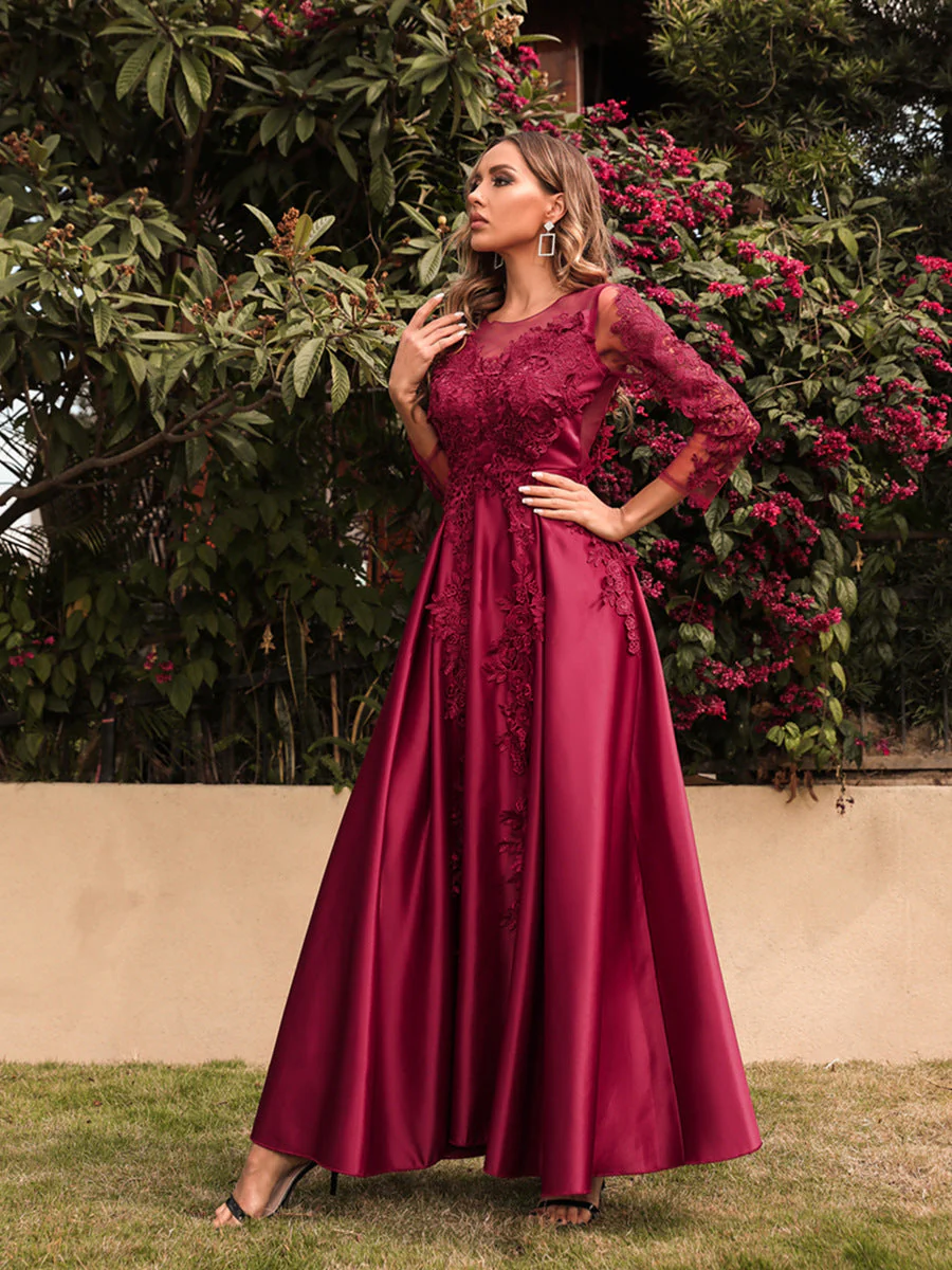 Embroidered Long Sleeve Evening Dress - Image 3