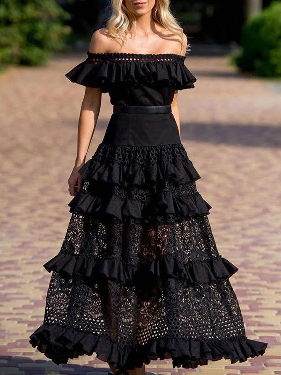 Romantic Ruffled Cutout Swing Lace Dress - Image 2