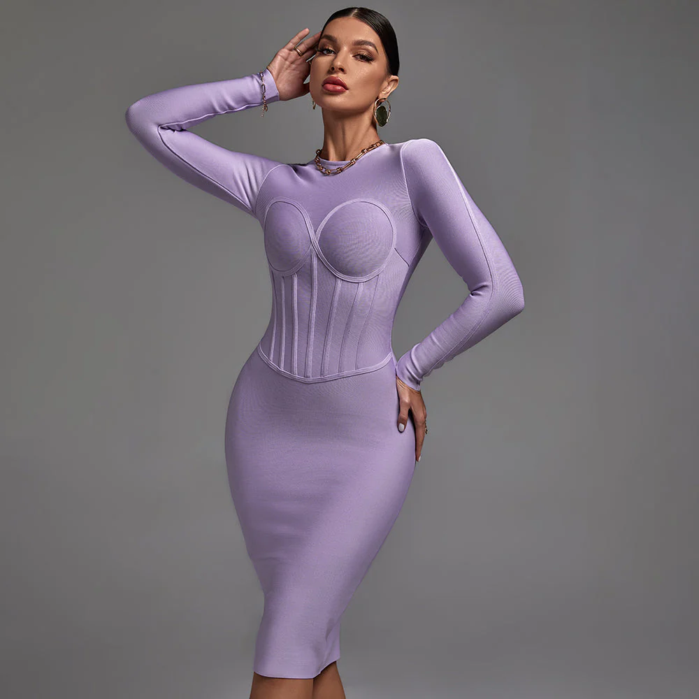 Round Neck Long Sleeve Striped Midi Bandage Dress - Image 2