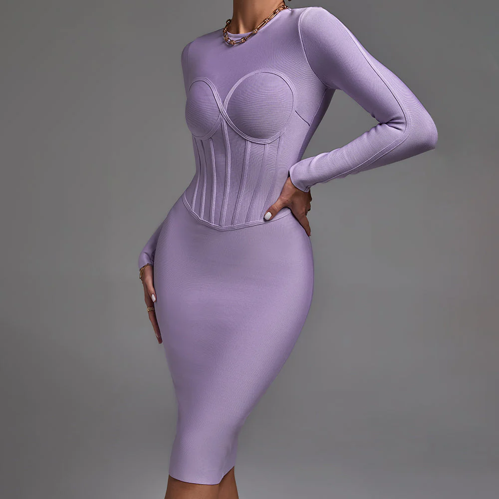 Round Neck Long Sleeve Striped Midi Bandage Dress - Image 3