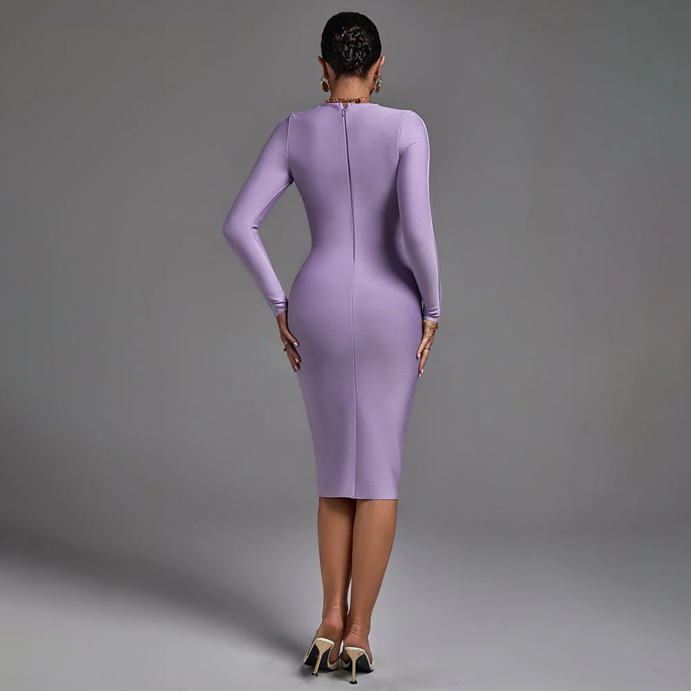 Round Neck Long Sleeve Striped Midi Bandage Dress - Image 4