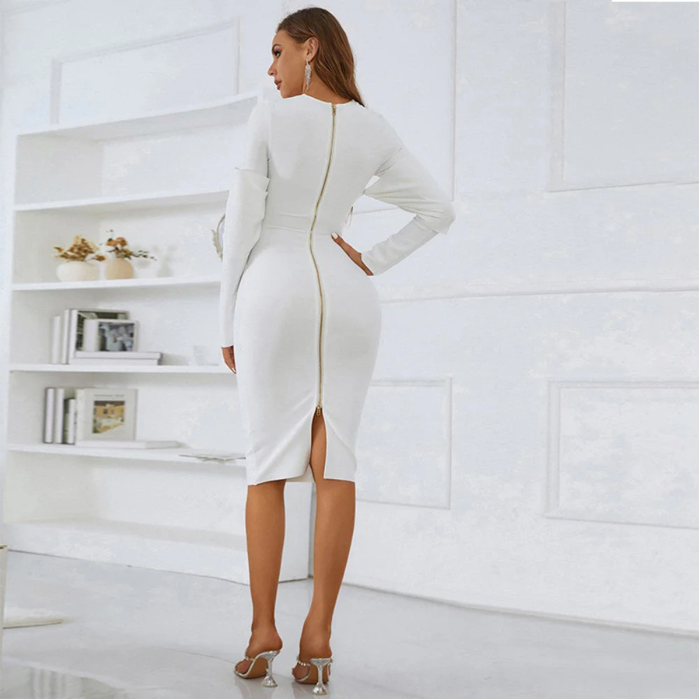 Round Neck Long Sleeve Midi Frill Bandage Dress PZL3001 - Image 3