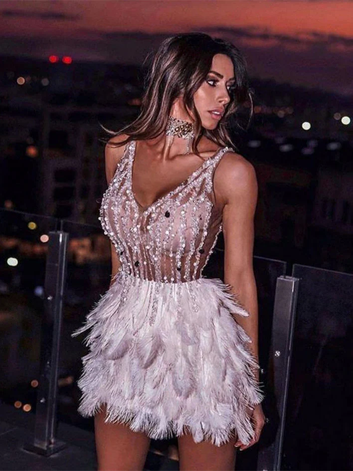 Luxurious Feather V-Neck Evening Dress - Image 2