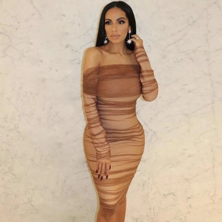 Off Shoulder Long Sleeve Ruched Mini Bodycon Dress FSP19054 - Image 21