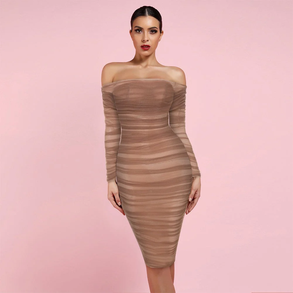 Off Shoulder Long Sleeve Ruched Mini Bodycon Dress FSP19054 - Image 22
