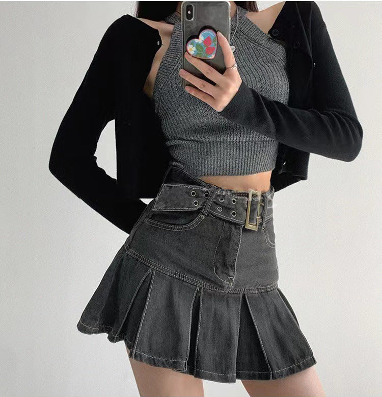 Slim Denim Short Pleated Skirt - Image 2
