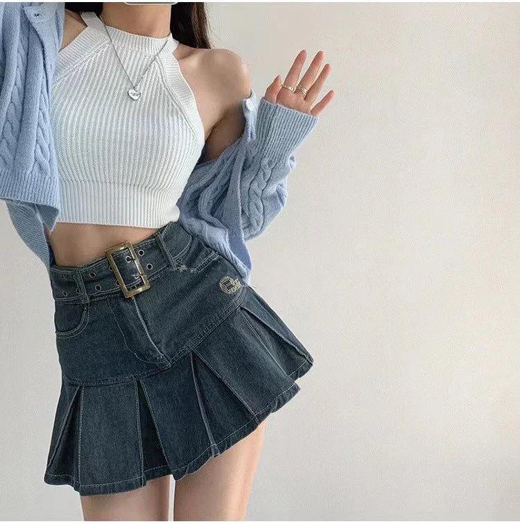 Slim Denim Short Pleated Skirt - Image 6