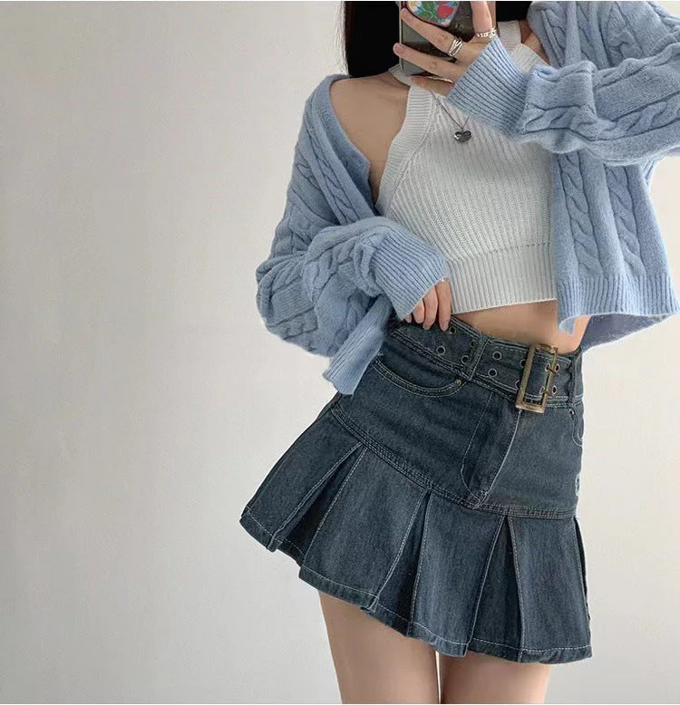 Slim Denim Short Pleated Skirt - Image 7