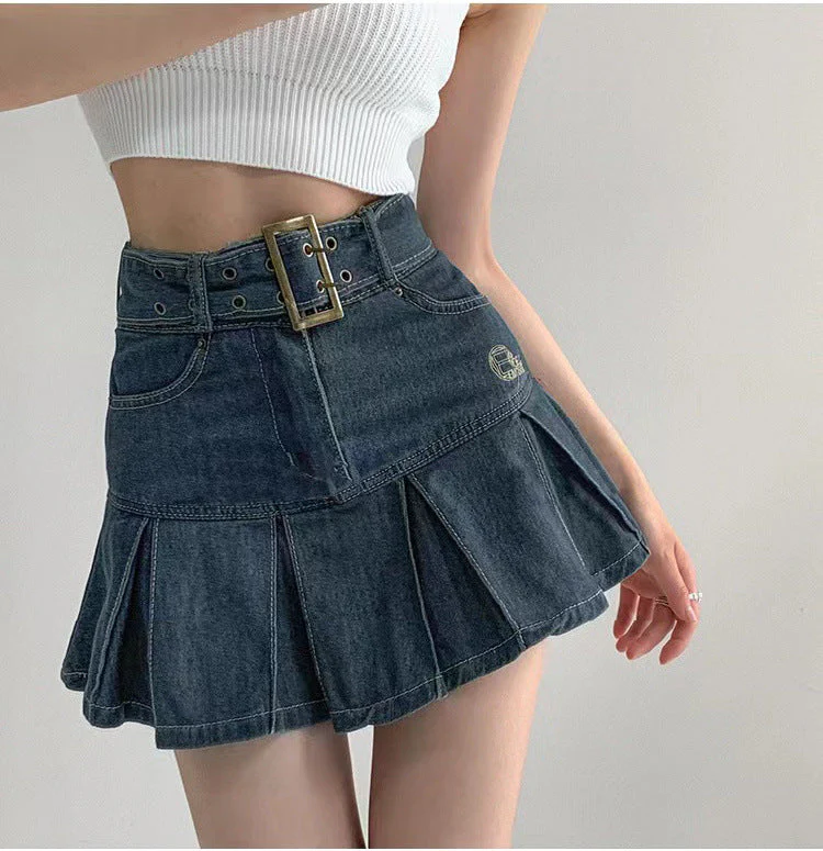 Slim Denim Short Pleated Skirt - Image 8