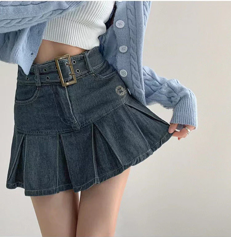 Slim Denim Short Pleated Skirt - Image 9