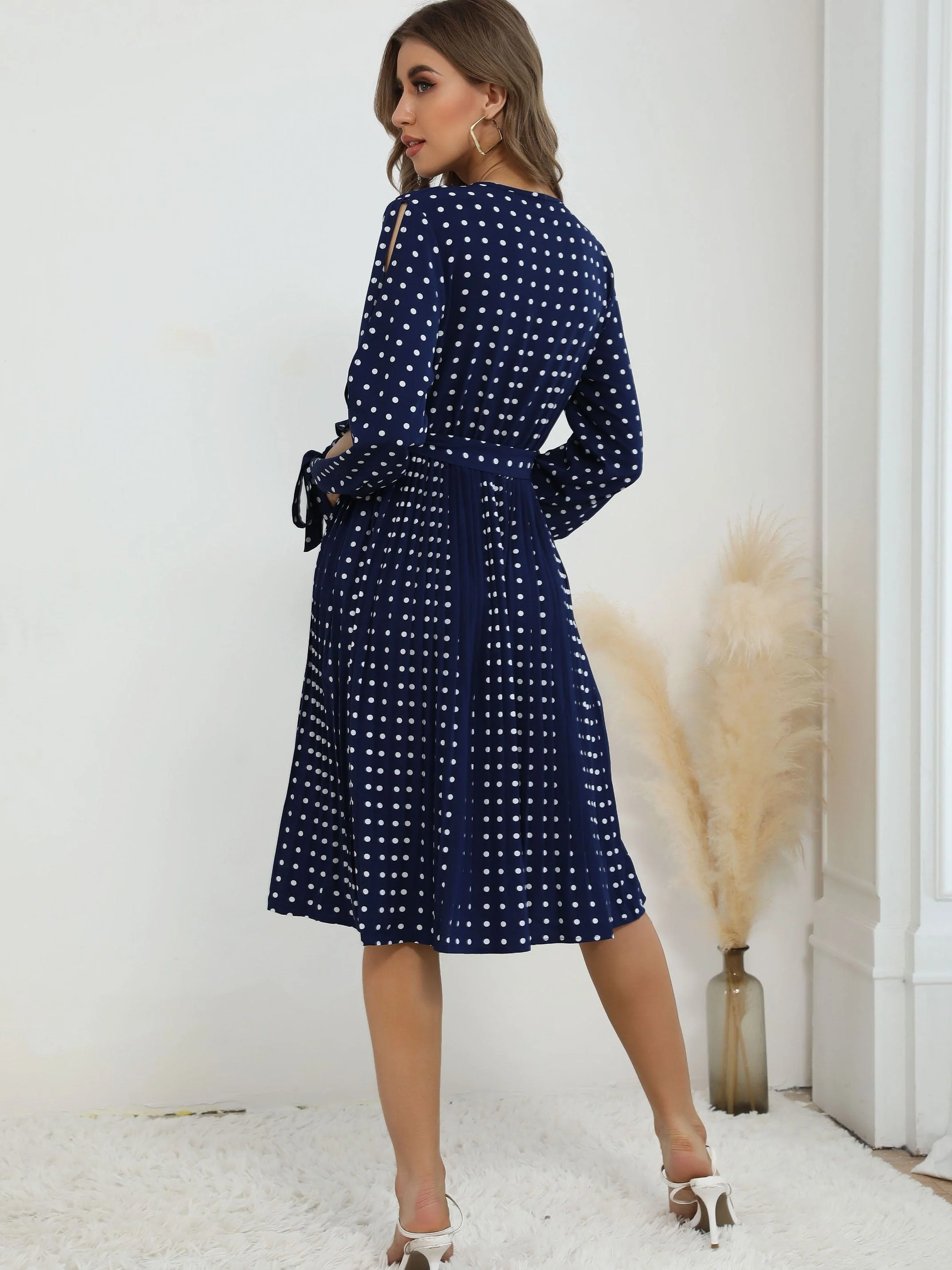 V-neck pleated Blue Polka Dot Dress - Image 2