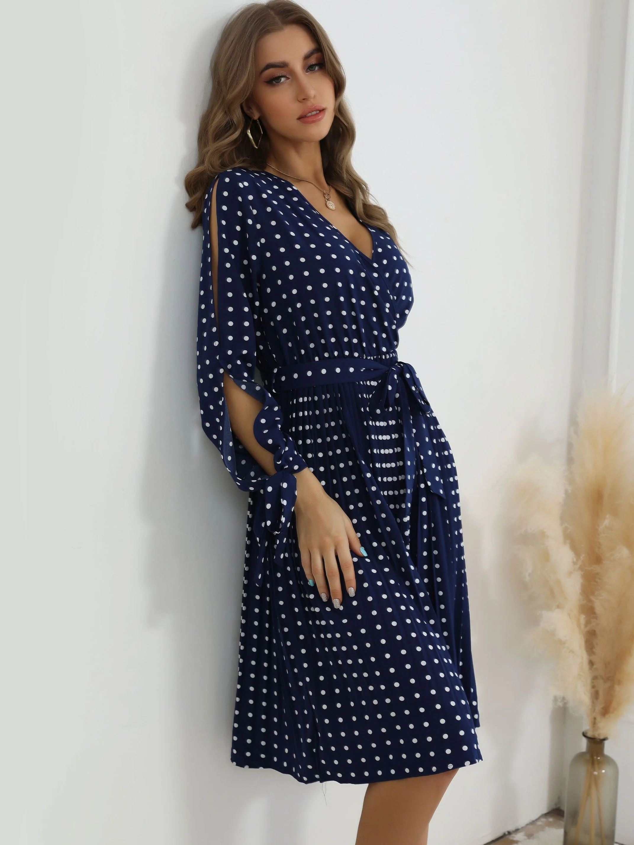 V-neck pleated Blue Polka Dot Dress - Image 4