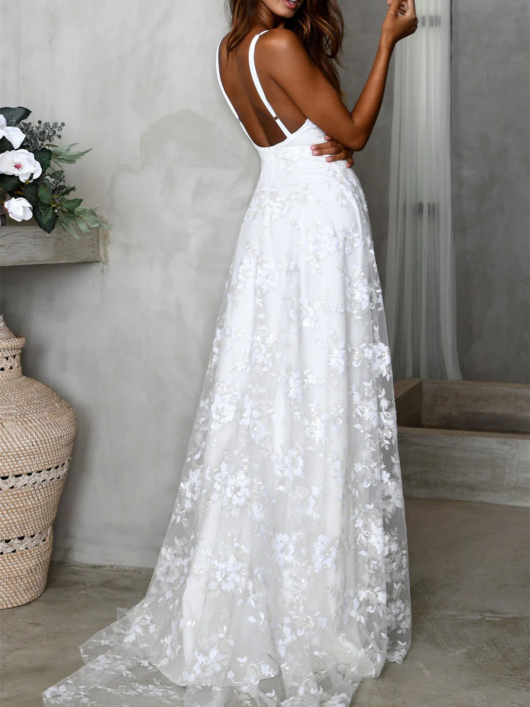 V-neck Lace Open Long Dress - Image 2