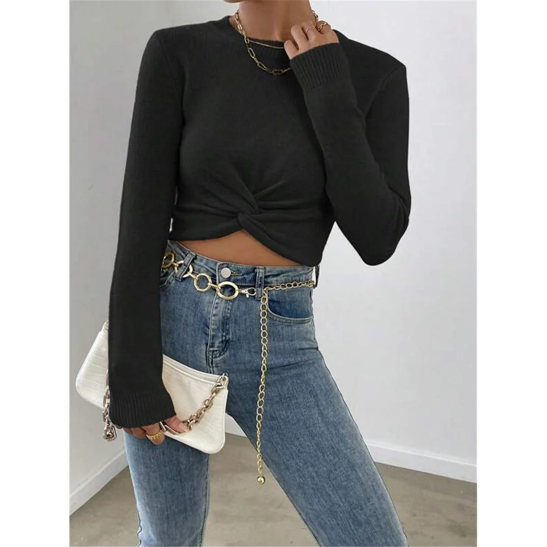 Slim Round Neck Knitted Top Sweater - Image 3