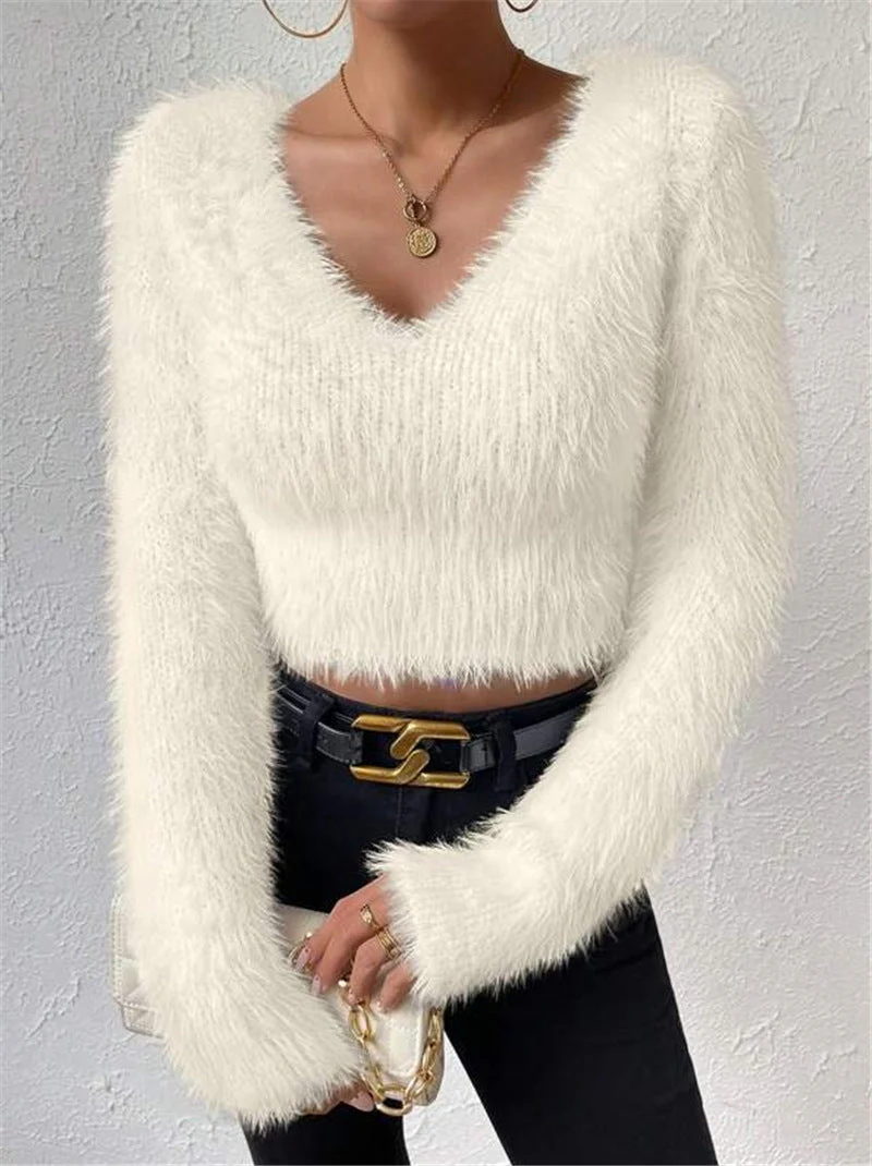 V-neck Slim Plush Short Sweater - Image 2
