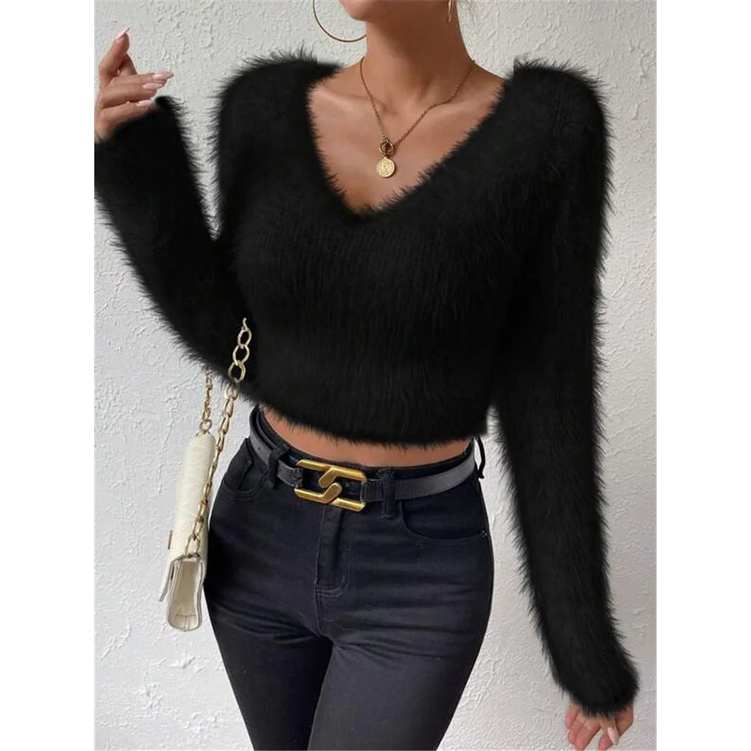 V-neck Slim Plush Short Sweater - Image 7