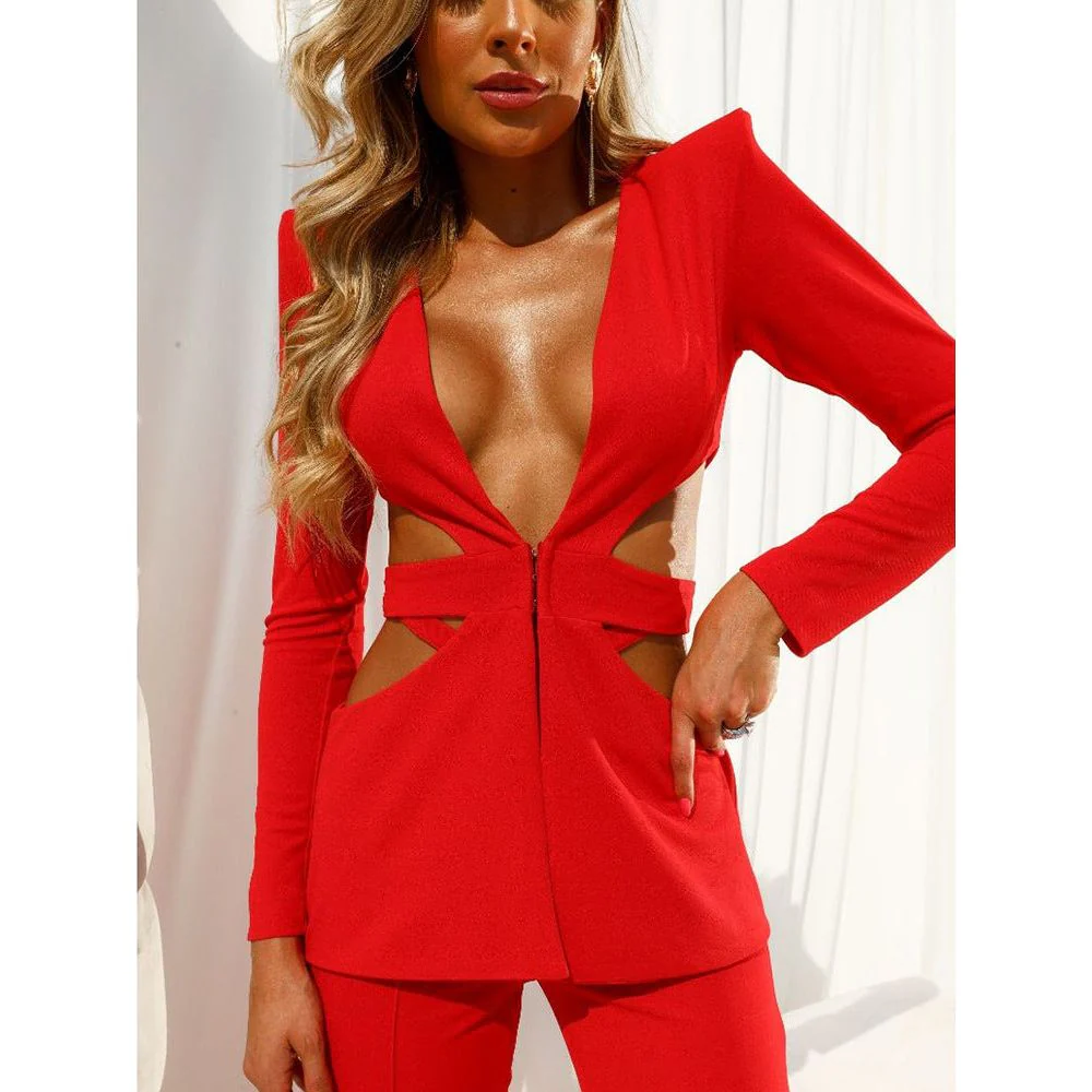 V-Neck Long-Sleeved Wide-Leg Pants Two-Piece Suit - Image 3