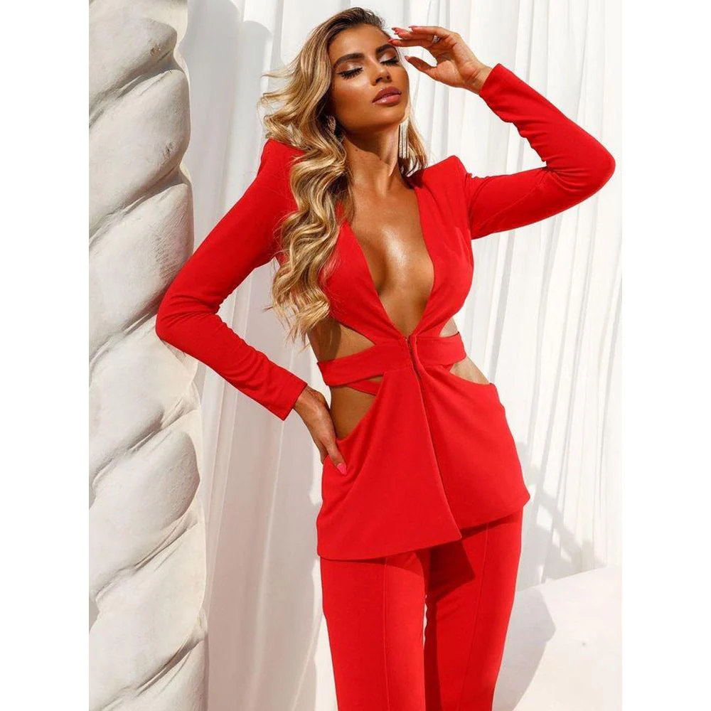 V-Neck Long-Sleeved Wide-Leg Pants Two-Piece Suit - Image 4