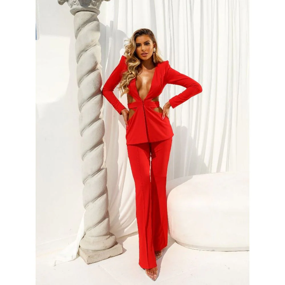 V-Neck Long-Sleeved Wide-Leg Pants Two-Piece Suit - Image 5