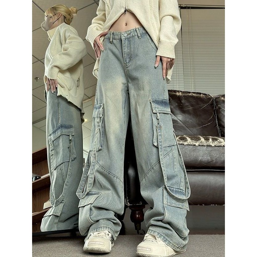 Retro Washed Overalls Wide cargo Jeans - Image 4