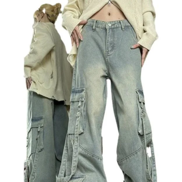 Retro Washed Overalls Wide cargo Jeans - Image 5