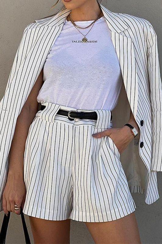 Striped Long-Sleeved Shorts Two-Piece Suit - Image 4
