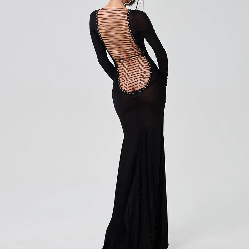 Backless strappy long-sleeved extra-long dress - Image 4
