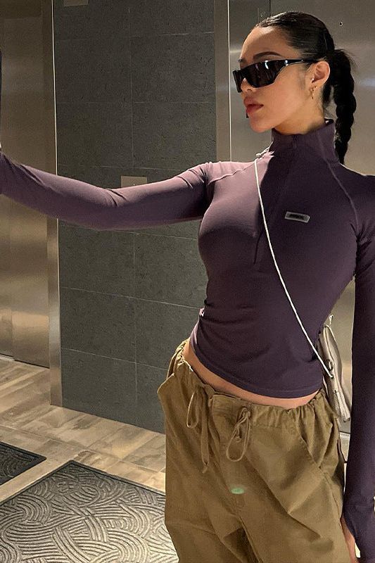 High Neck Slim Fit Zipper Short Long Sleeve T-shirt - Image 3