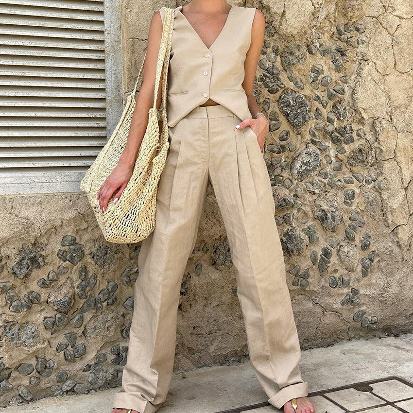 Cotton Linen Sleeveless Vest Suit - Image 5