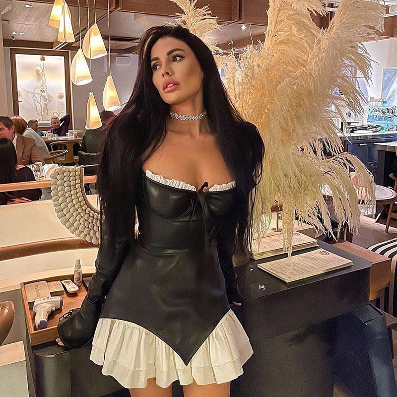 Low-cut lace-up ruffle black leather dress - Image 2