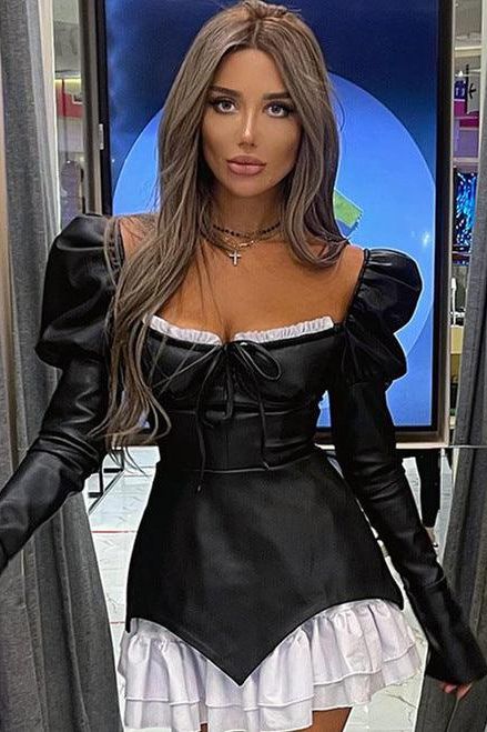 Low-cut lace-up ruffle black leather dress - Image 3
